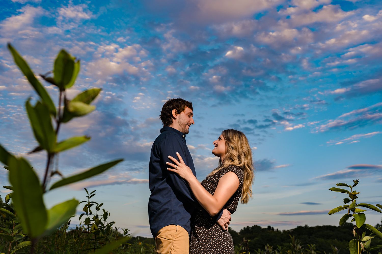 Romantic outdoor scene against dramatic blue sky with fluffy clouds at sunset.