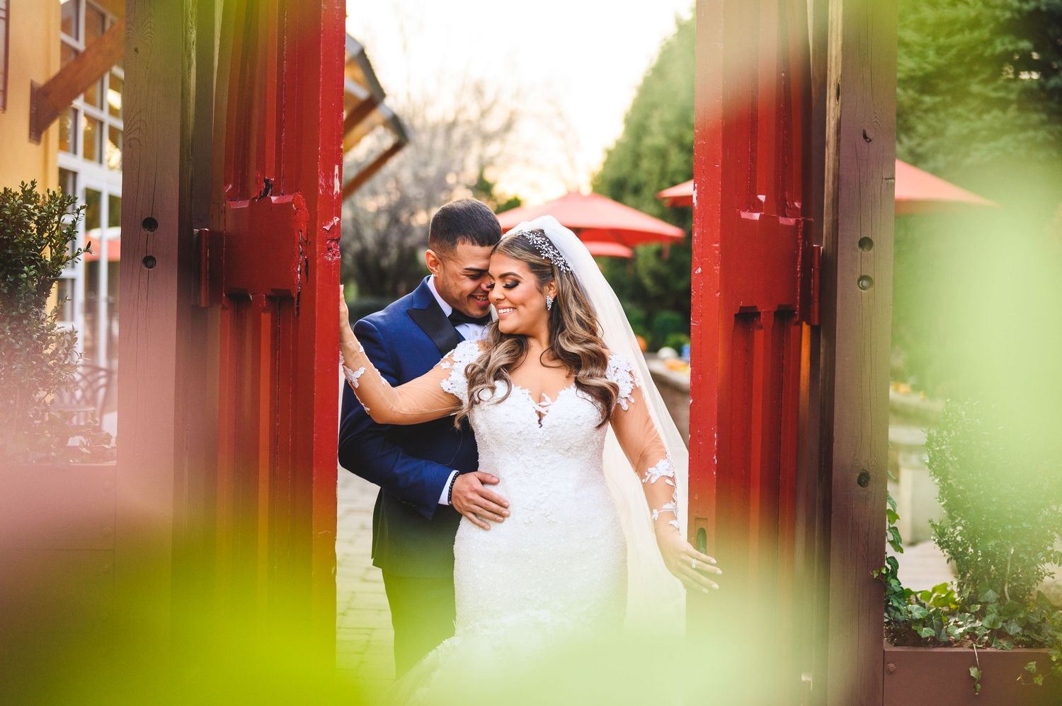 Bride and Groom red door wedding portrait at stone house at stirling ridge