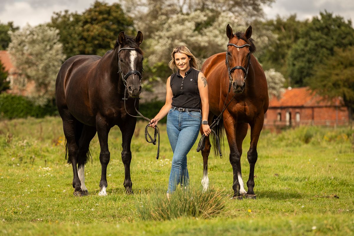 Two majestic horses flanking a person in jeans walking through a green pasture with trees in the background.