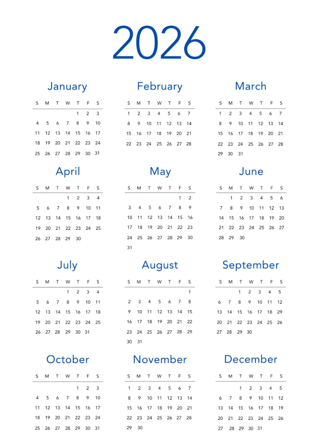 A clean 2026 yearly wall calendar displaying all 12 months in a simple blue and white layout.