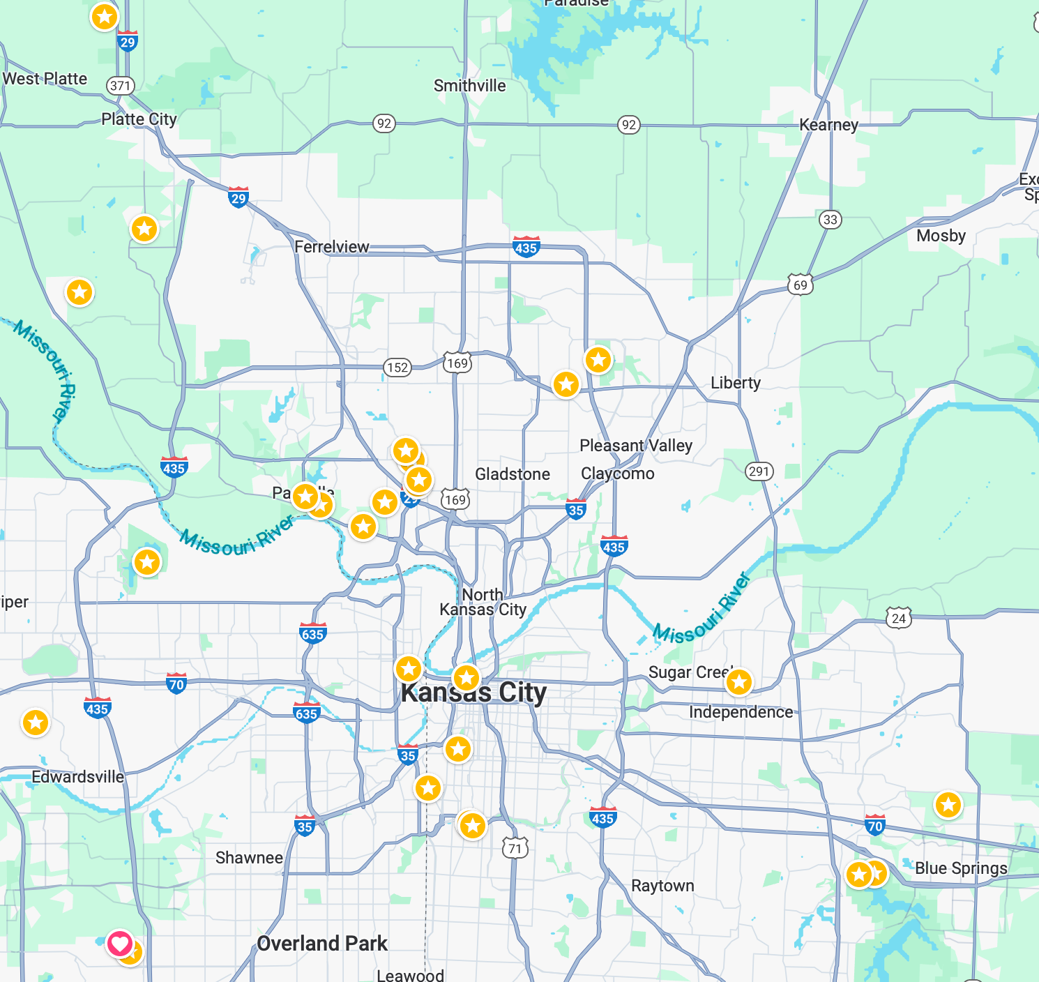 Map of dog photography locations in Kansas City, MO and surrounding areas