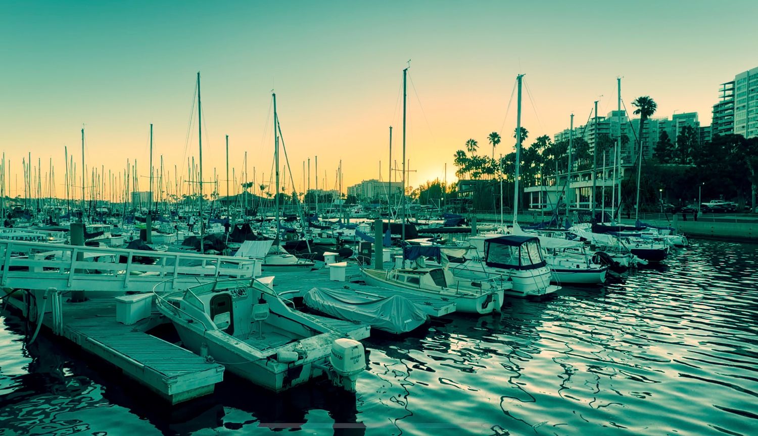 Hand holding a note reading Your Heart is Your Compass at a marina sunset with sailboats and city skyline.