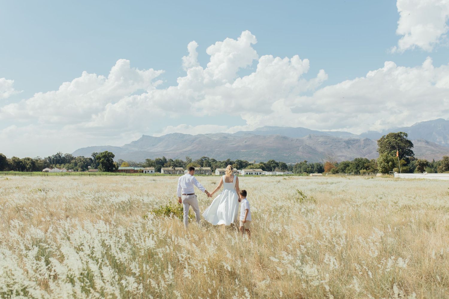 Family walking through a golden field with mountains and clouds in the background on a sunny day, Stellenbosch, South Africa.
