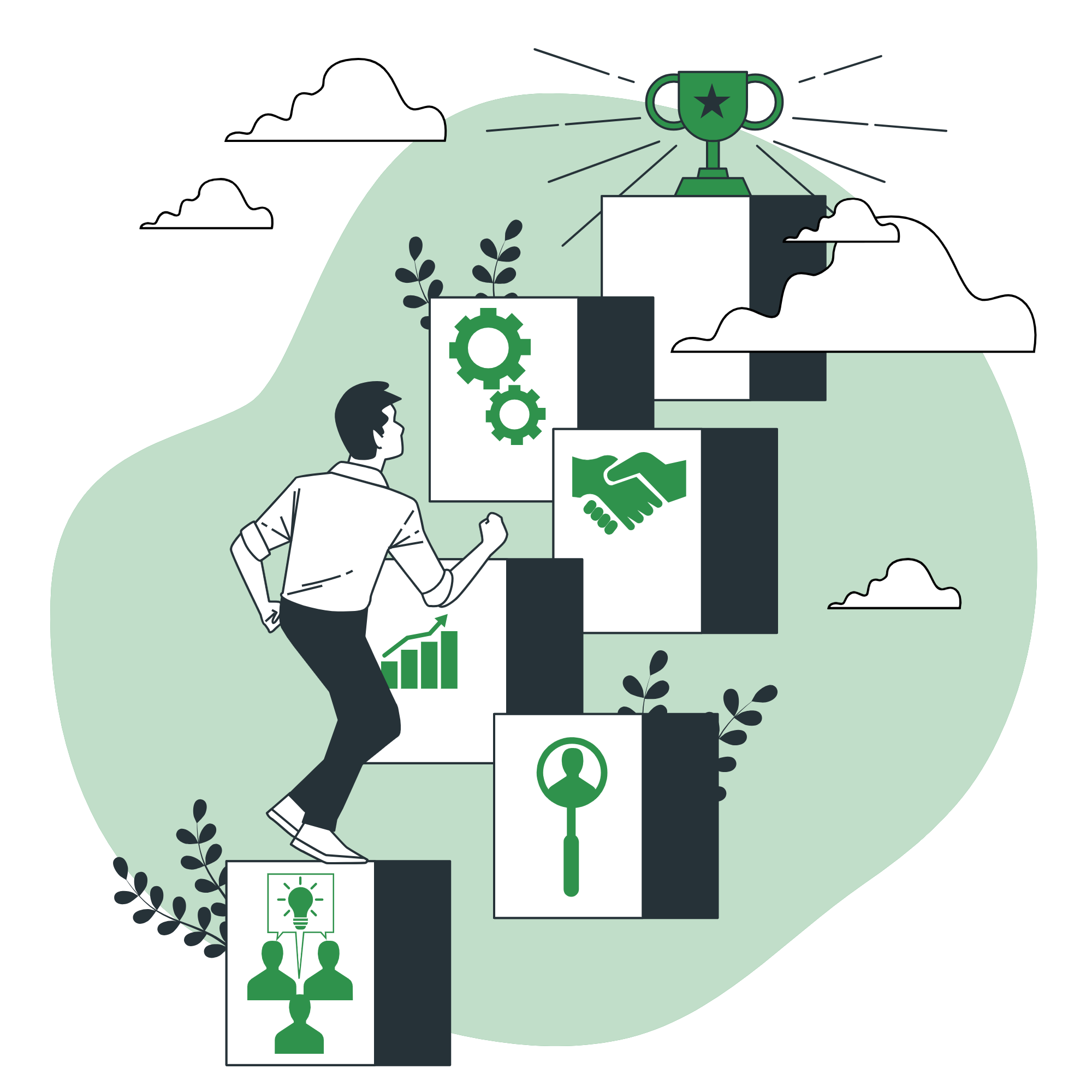 Businessman climbing steps with business icons leading to a trophy, symbolizing career growth and success.