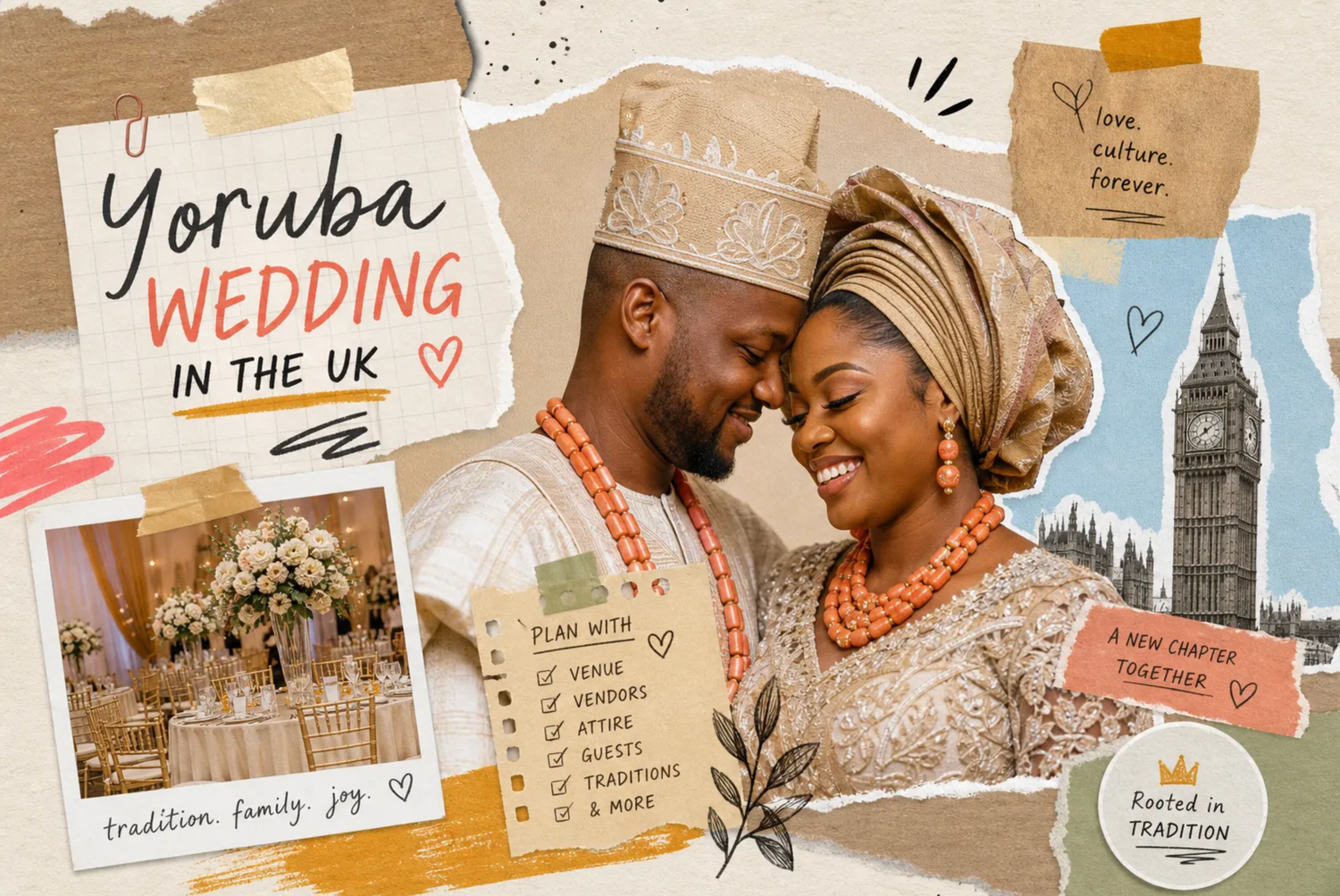 A Nigerian couple in traditional Yoruba wedding attire smiling together, featured in a UK wedding planning collage.
