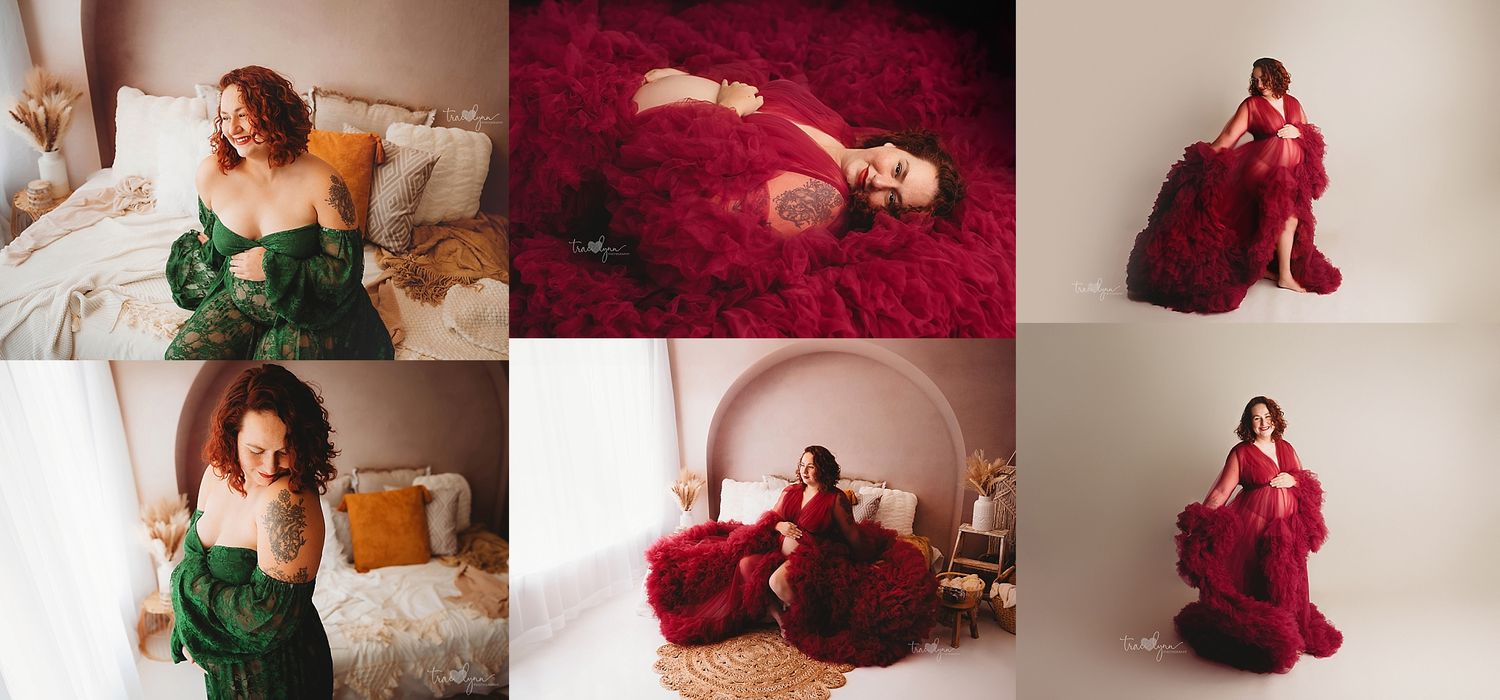 Maternity photo collage featuring woman in green and red flowing gowns in studio.