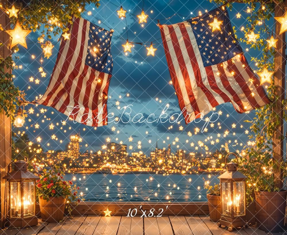 American flags and twinkling string lights create a festive patriotic backdrop with stars against a blue evening sky.