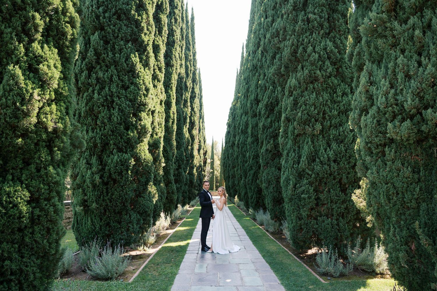 Two people walking down a dramatic cypress tree-lined path in a formal garden setting.