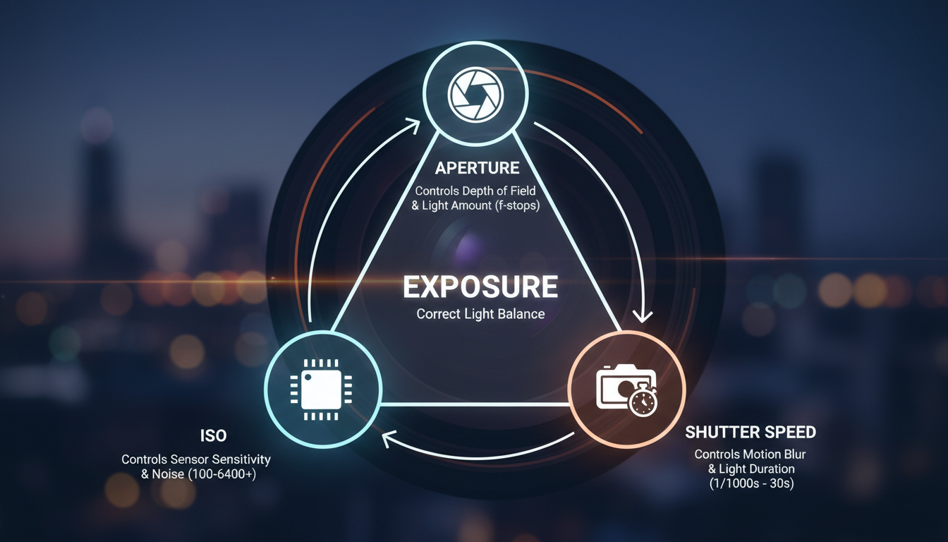 Professional DSLR camera settings display showing F-stop, ISO and other exposure controls in a dark environment.