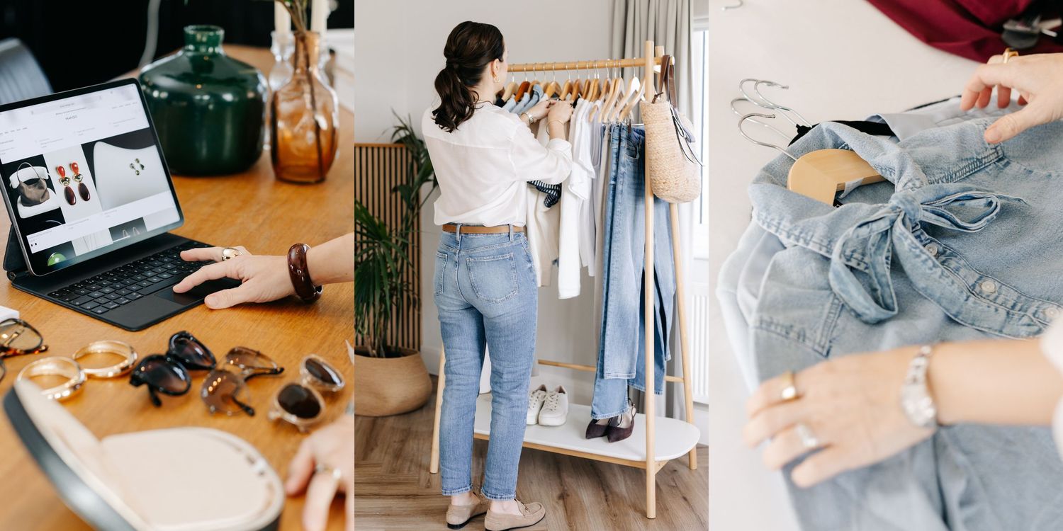 Three lifestyle photos showing a desk workspace, clothing rack, and folded denim jeans with casual styling.
