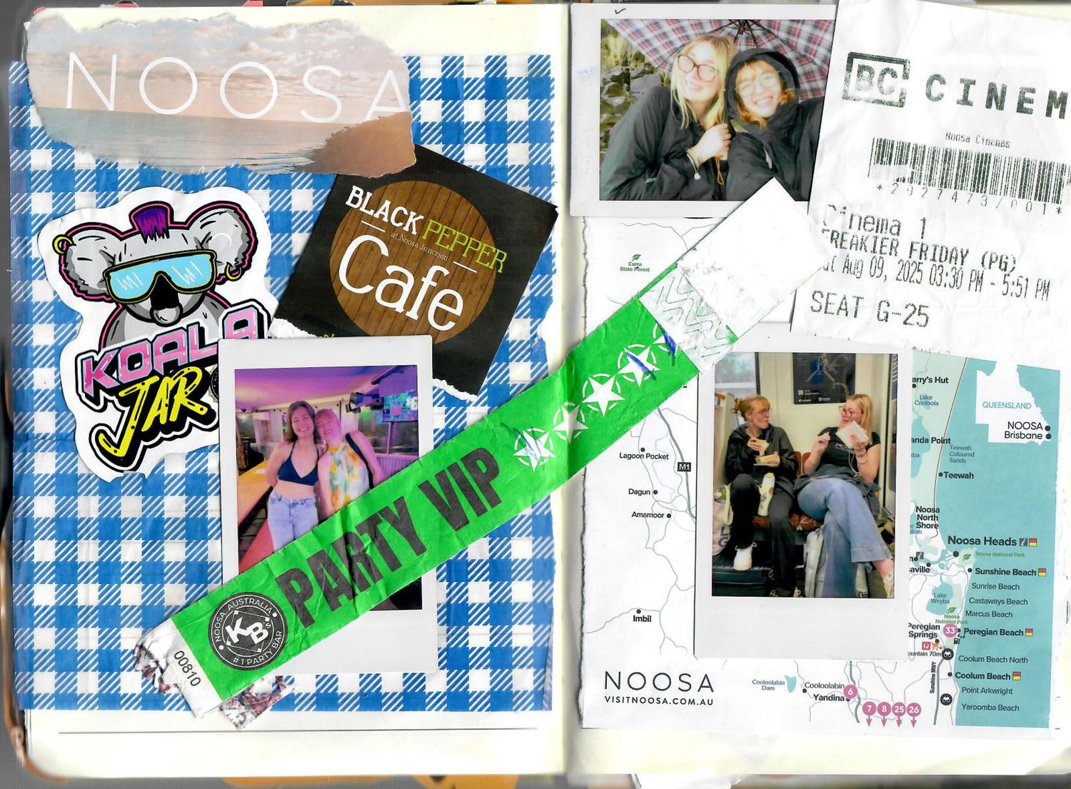 A scrapbook page with concert tickets, photos, and stickers on a blue gingham background shows memories from a cafe visit.