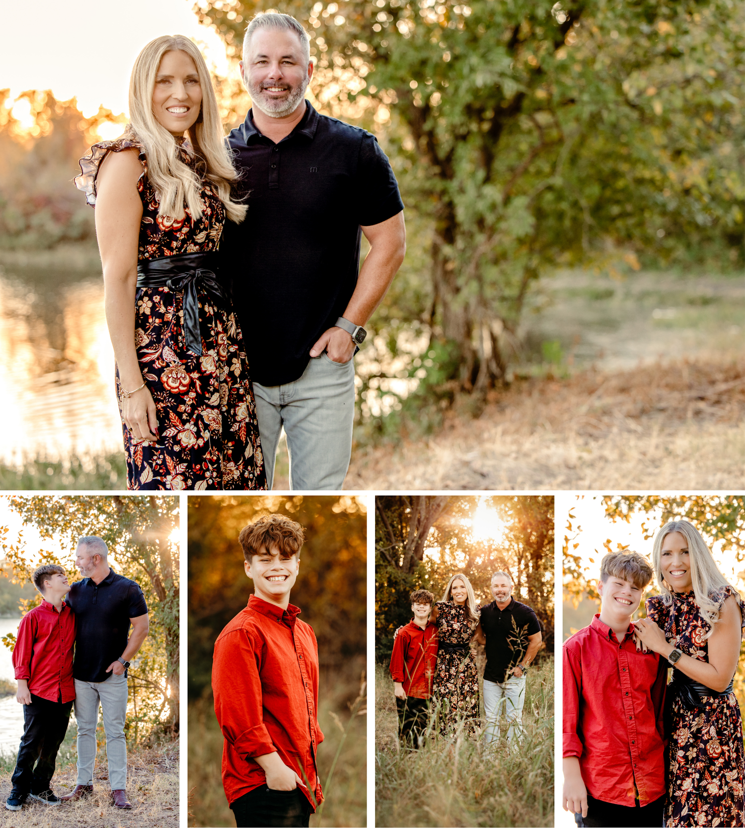 A family enjoys golden hour portraits together in a natural outdoor setting during sunset.