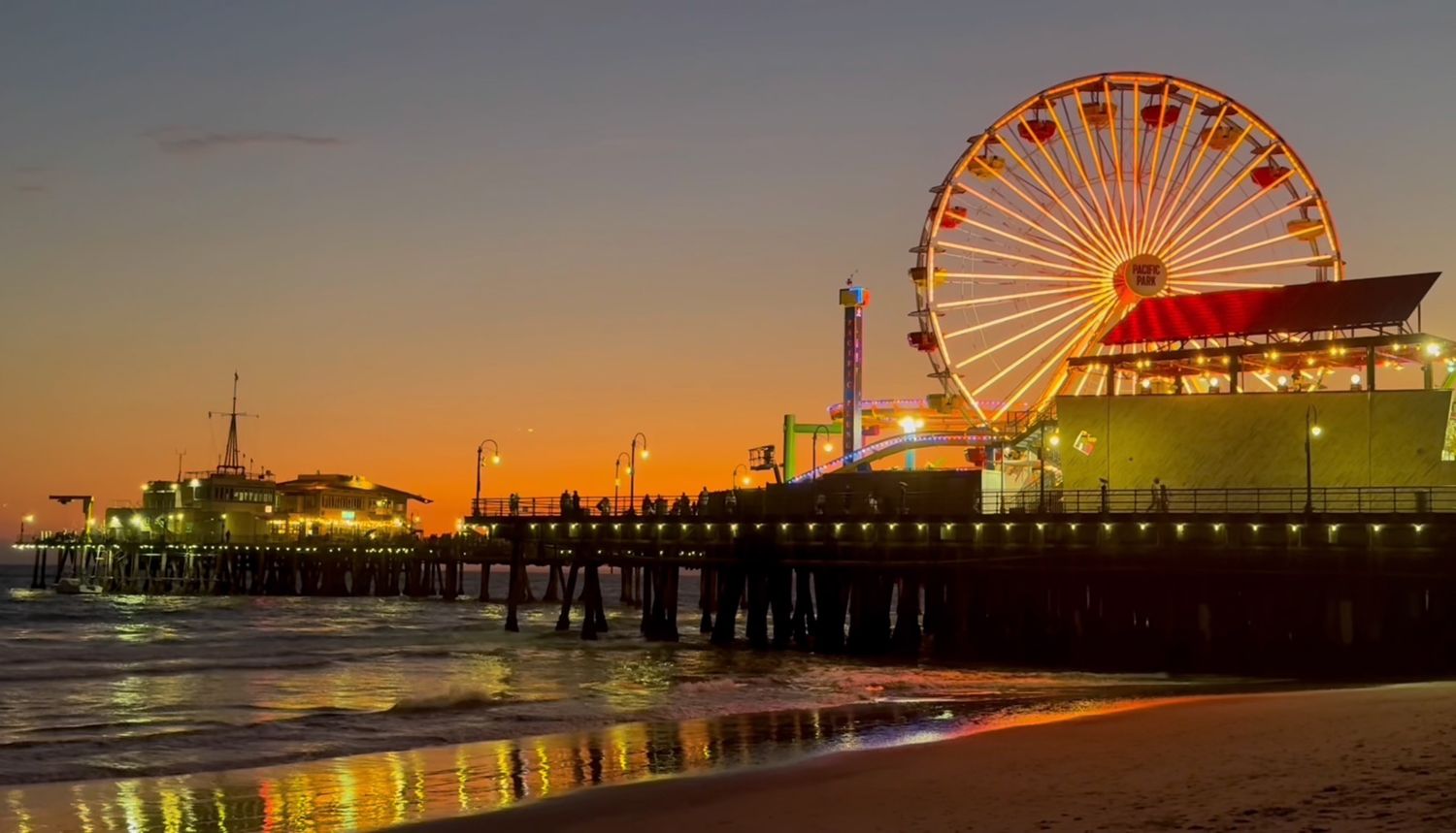 Panoramic montage of Santa Monica Pier at sunset showing the iconic Ferris wheel and attractions glowing against dusk sky.