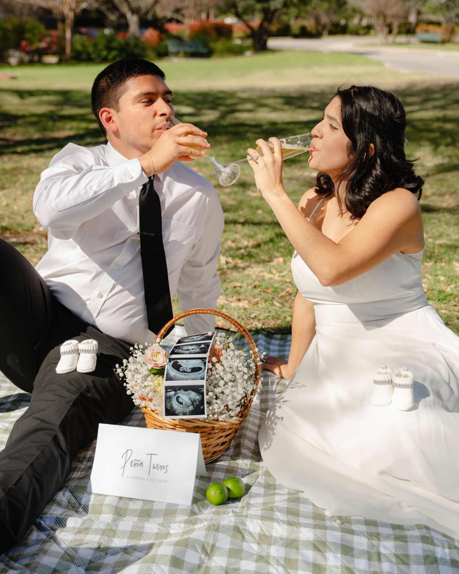 Couple shares a romantic picnic in a park with ultrasound photos and white flowers on a checkered blanket.