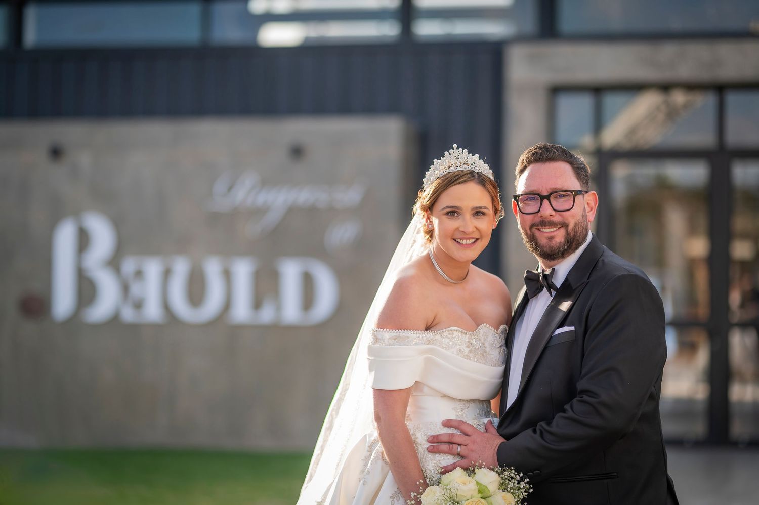 A collection of intimate wedding moments showing couples celebrating and embracing at different outdoor and indoor venues.
