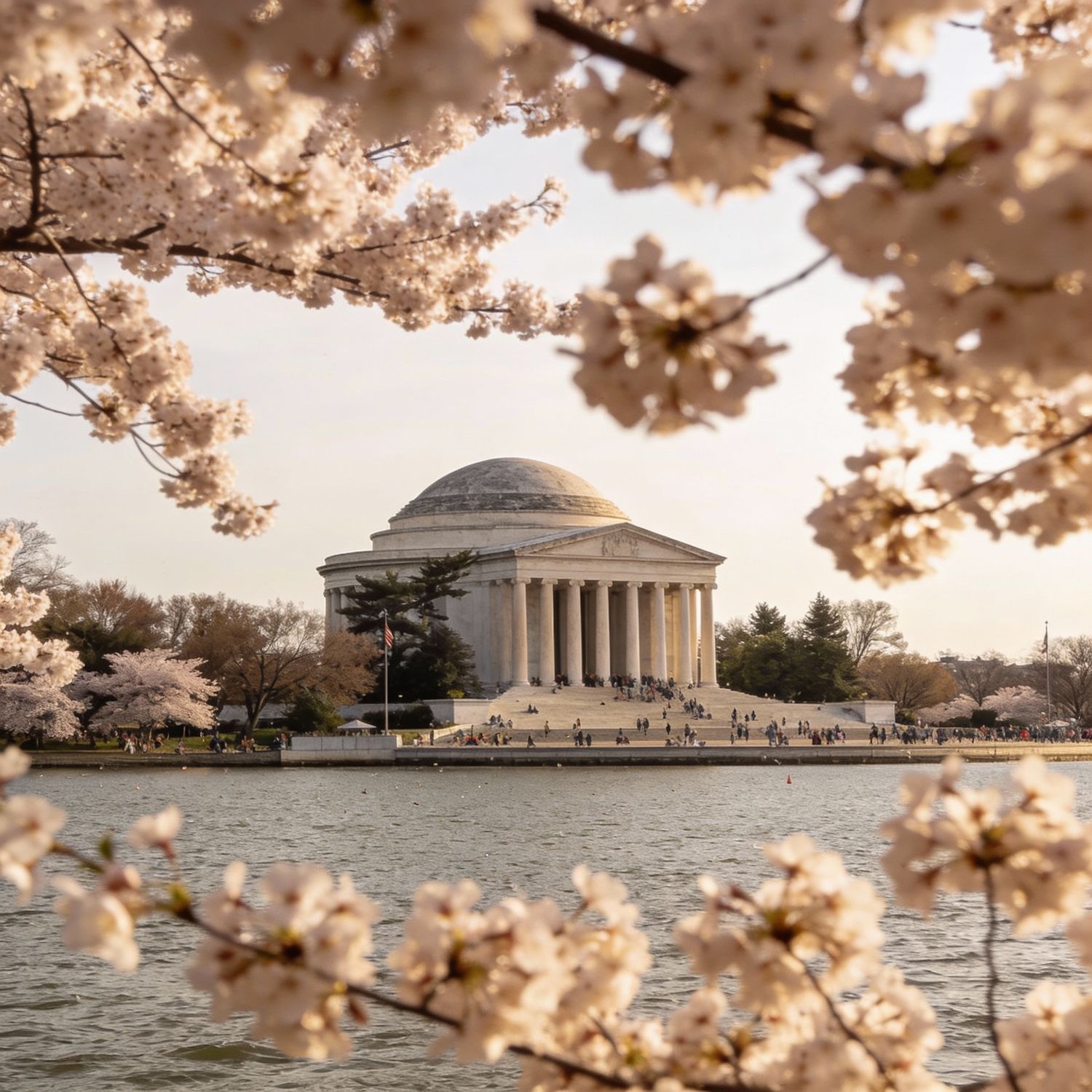 Cherry blossoms frame the Jefferson Memorial across the Tidal Basin during peak bloom in Washington DC. Flying Dress Photoshoot