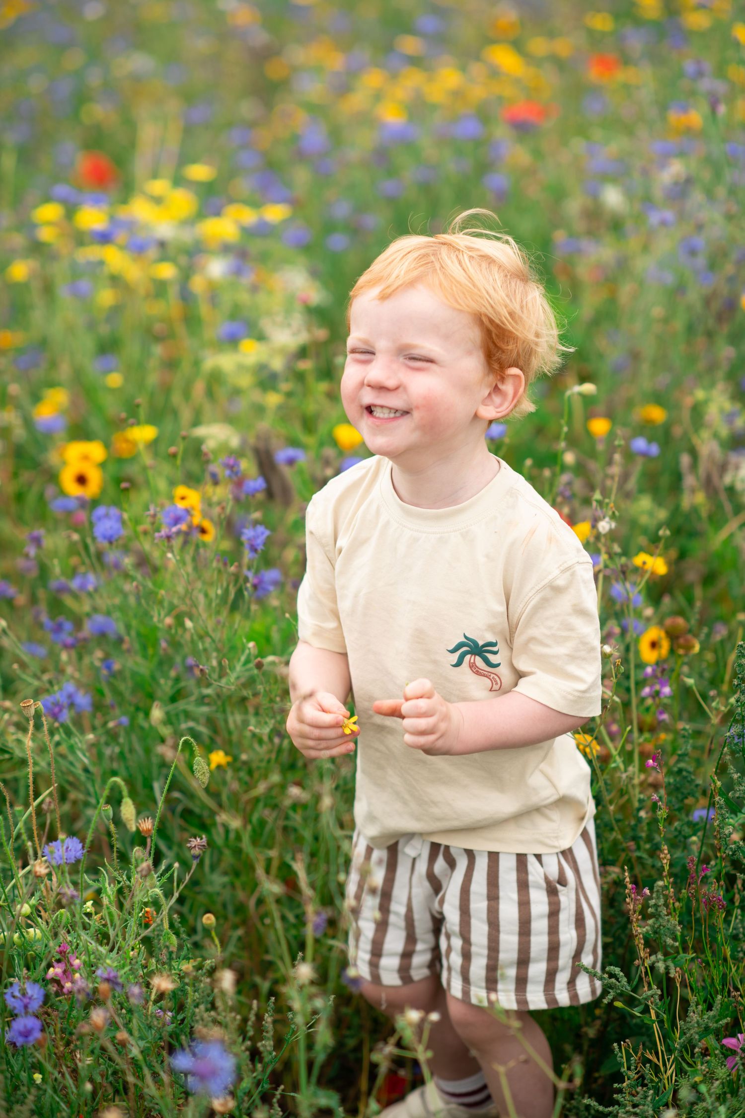 A child smiling joyfully while standing in a colorful wildflower meadow wearing a cream shirt and striped shorts.