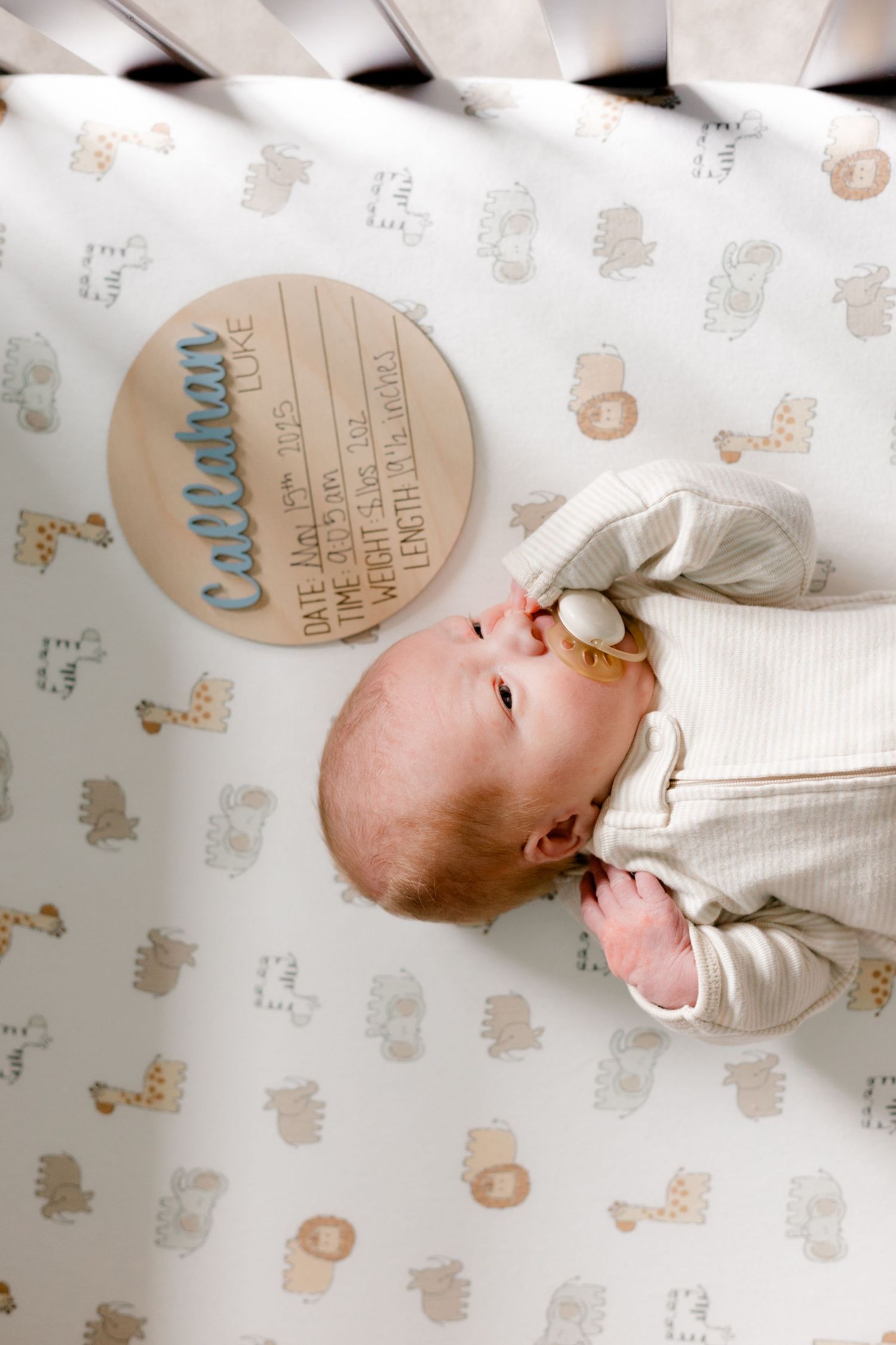 Newborn baby lying in a crib with an animal print sheet next to a wooden birth announcement sign.