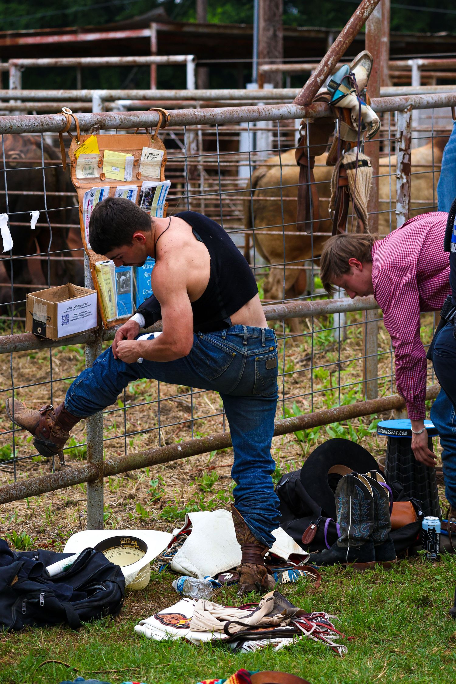 A sequence of photos showing someone bending over backwards under a wooden fence in a grassy field.