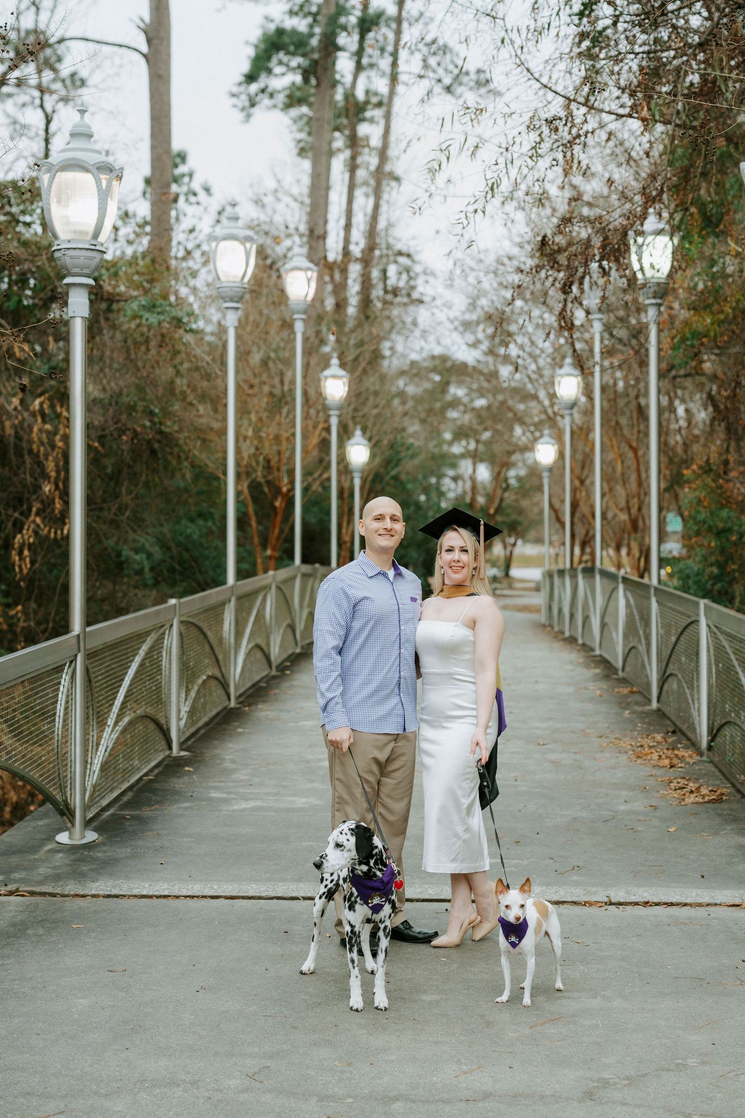 A couple and their dogs pose for photos on a tree-lined pathway with decorative lampposts.