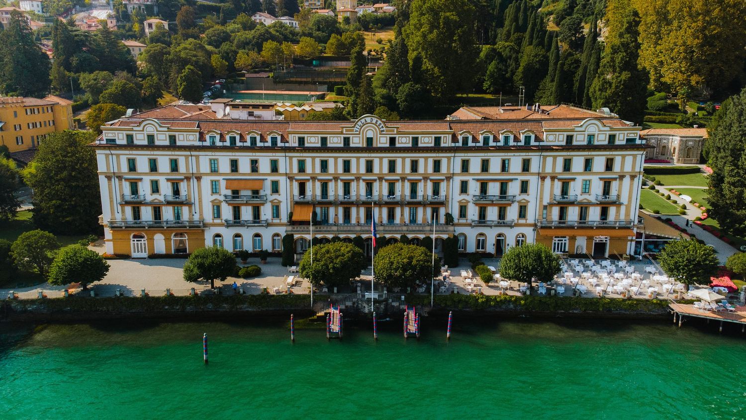 Luxurious lakeside hotel Villa D'Este with turquoise waters and classic Italian architecture in Lake Como, Italy.