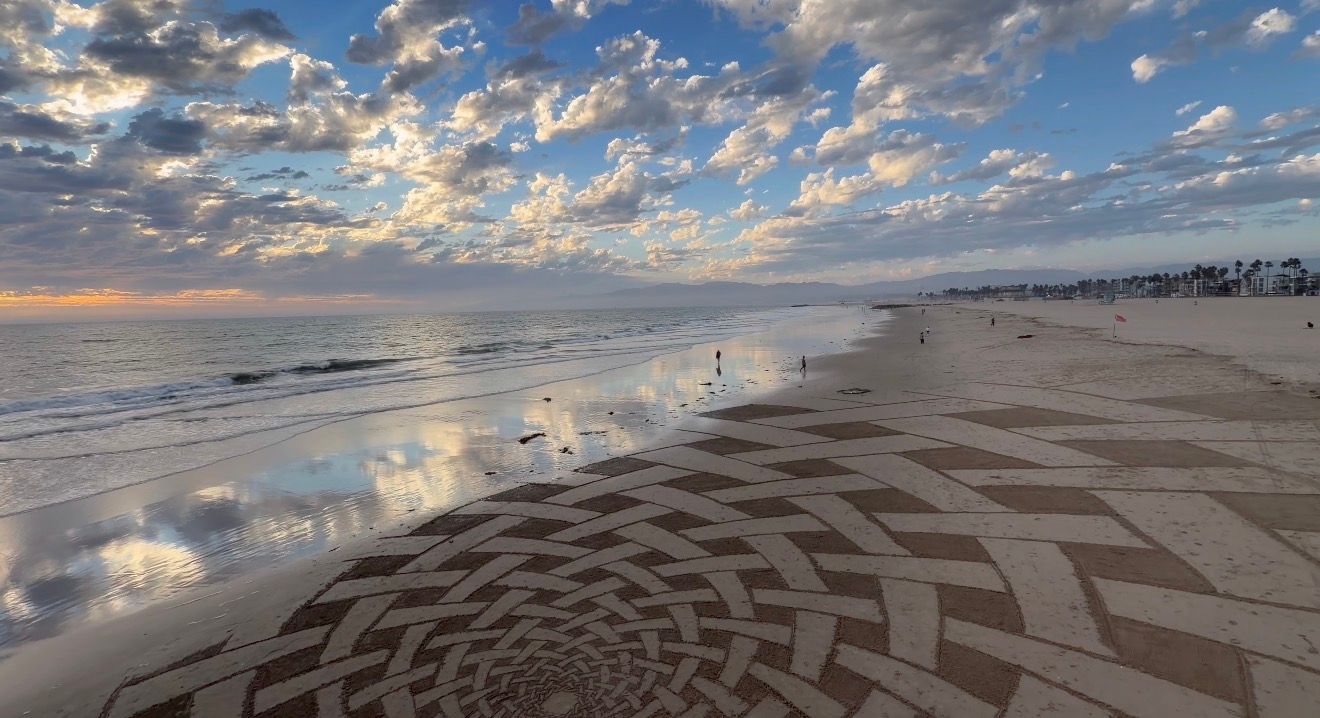 Panoramic collage of a sandy beach with dramatic cloudy skies and ocean waves at sunset.