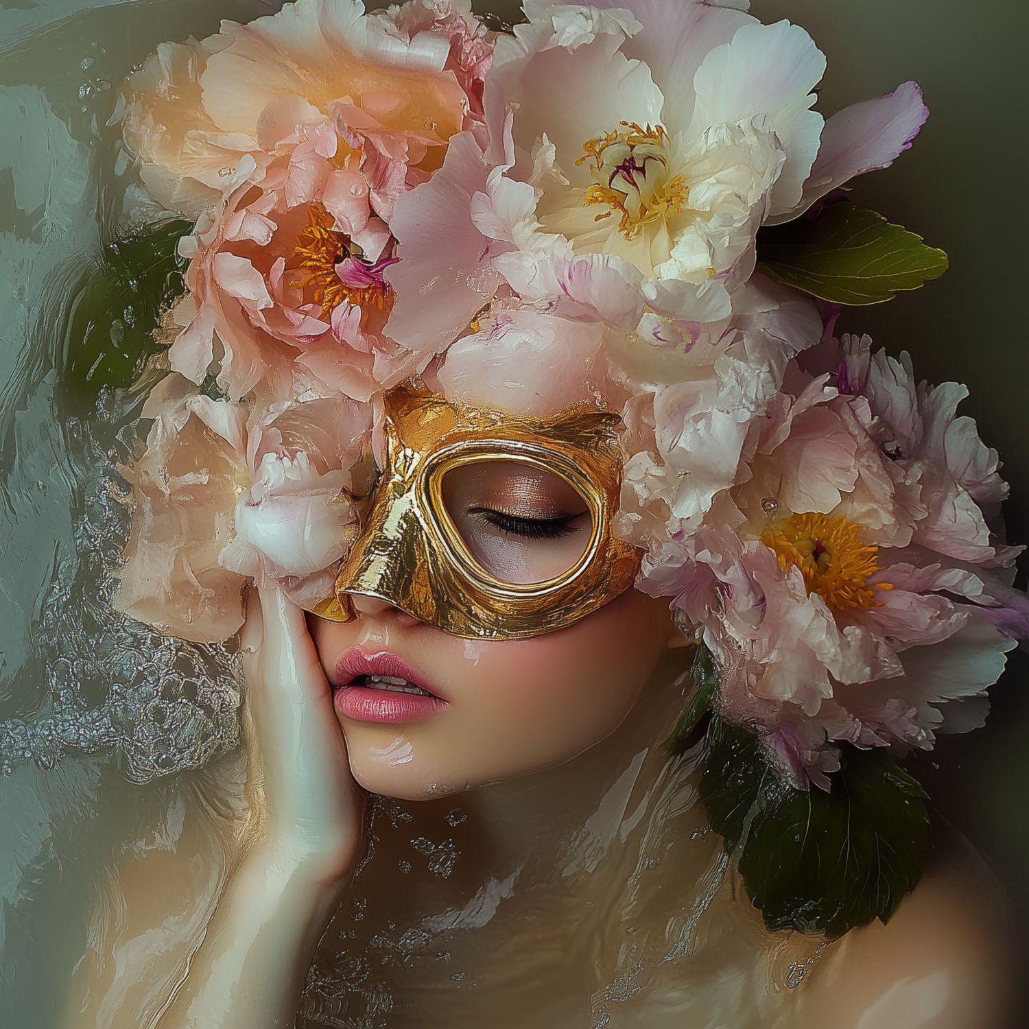 Woman with gold mask and flower crown submerged in water