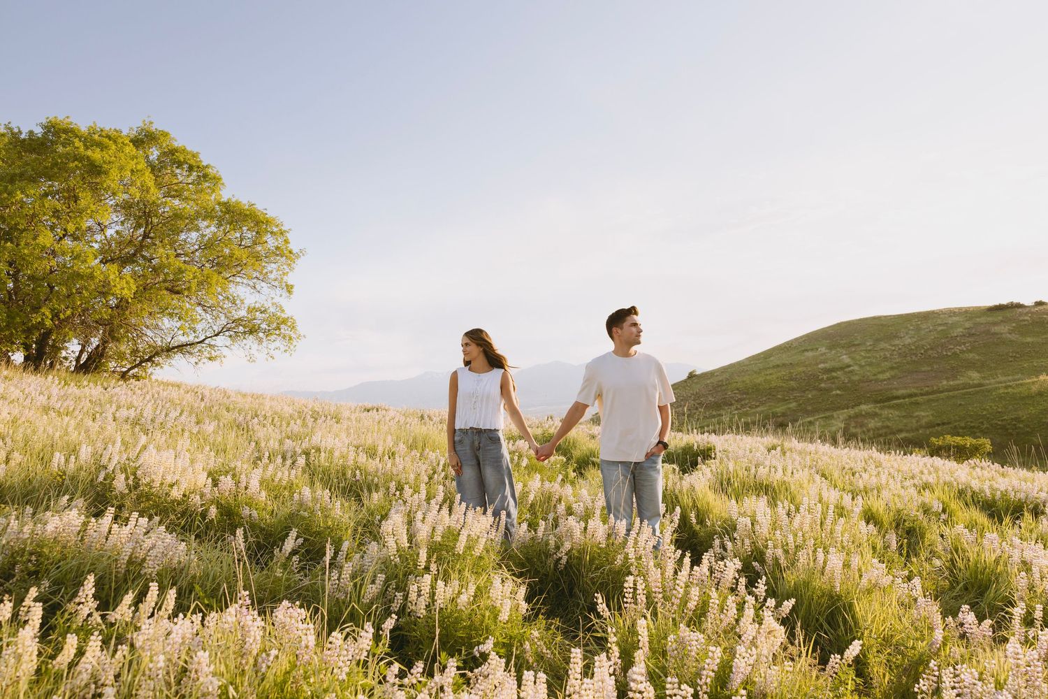 A couple walks hand in hand through a sunlit meadow filled with golden wildflowers and tall grasses on a hillside.