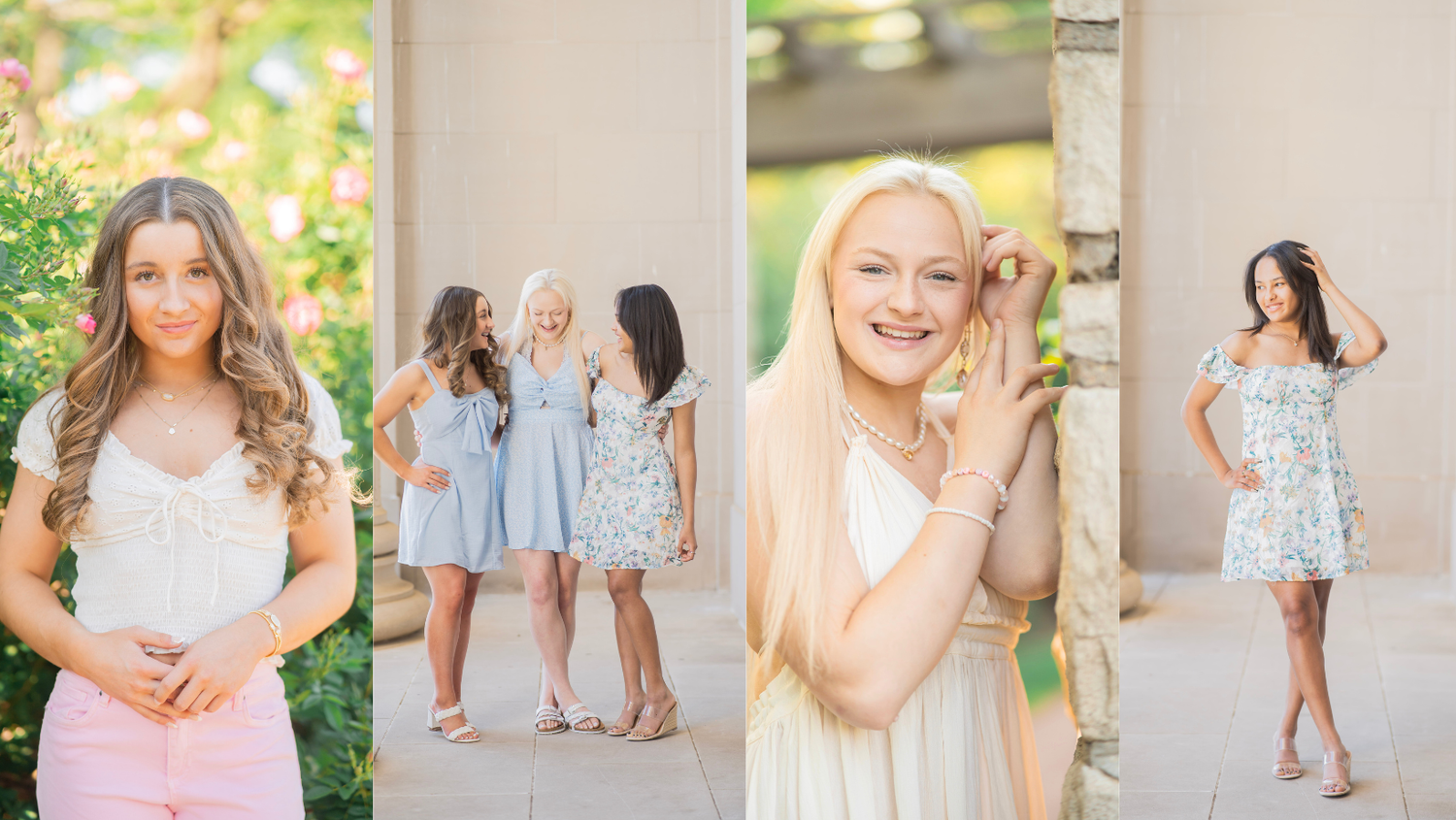 Four teenage girls pose for senior photos in pastel dresses at an elegant outdoor location.