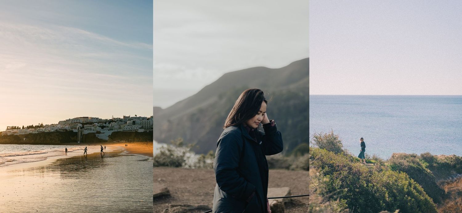 A nature triptych shows a sunset beach, a scenic mountain overlook, and a person admiring an ocean vista from a cliff.