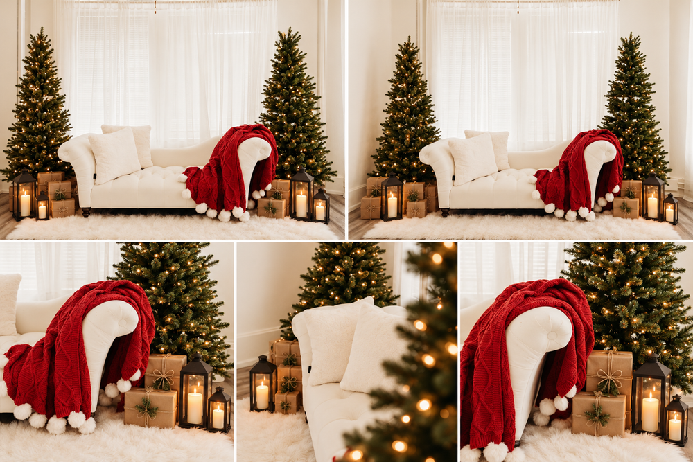 Christmas studio setup with lit tree, wrapped gifts, candles, white sofa, and red blanket on cream rug. Christmas studio set in Puyallup, Wa