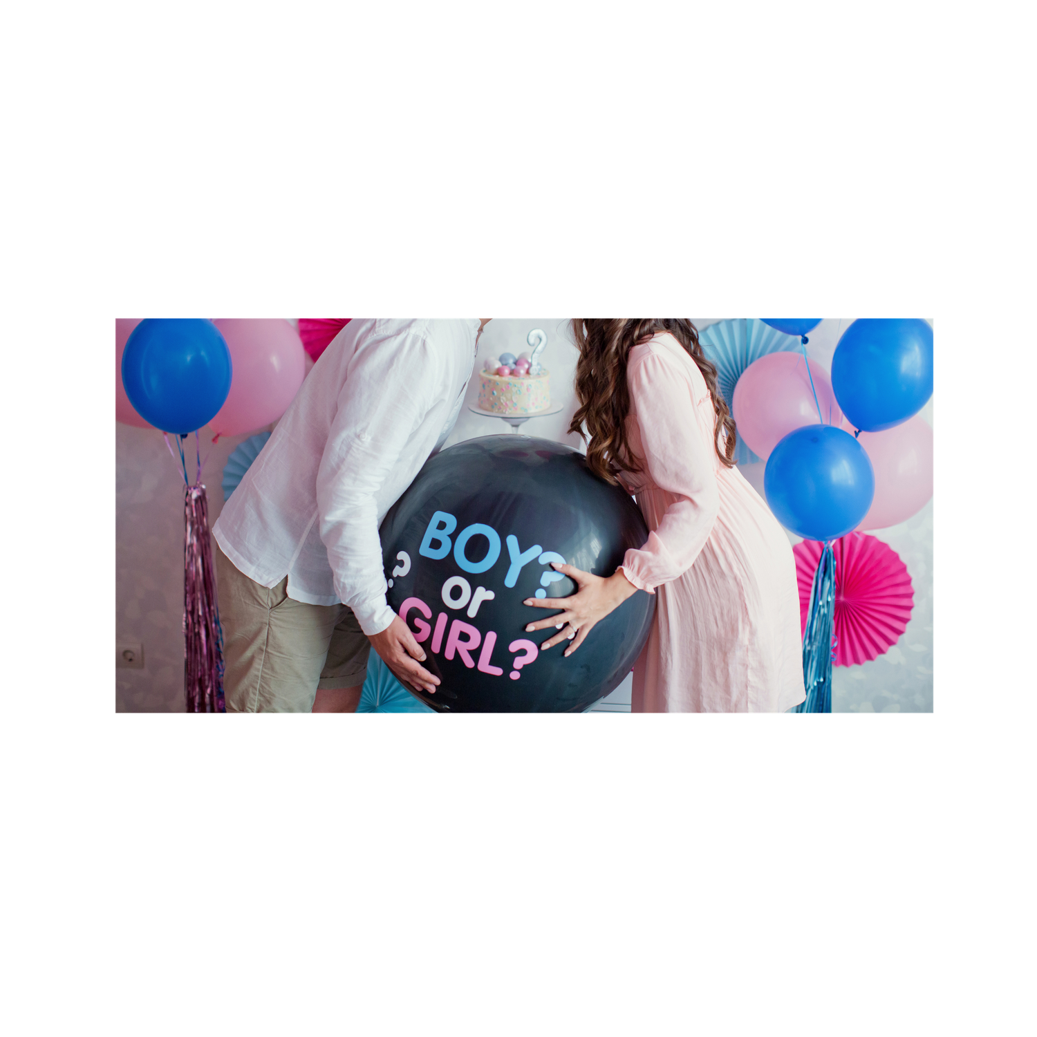 Gender reveal balloon display with blue and pink color scheme.