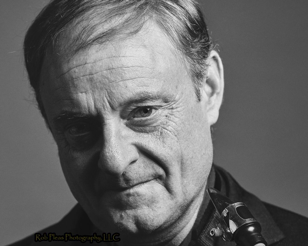 Jazz saxophone player black and white headshot portrait