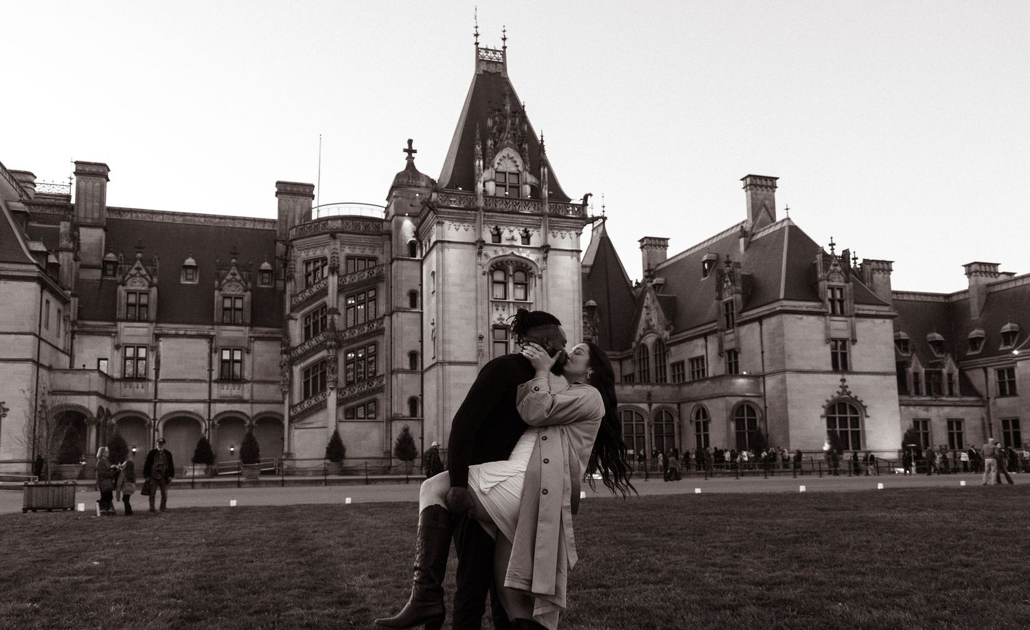 Romantic black and white photograph at the historic Biltmore Estate.