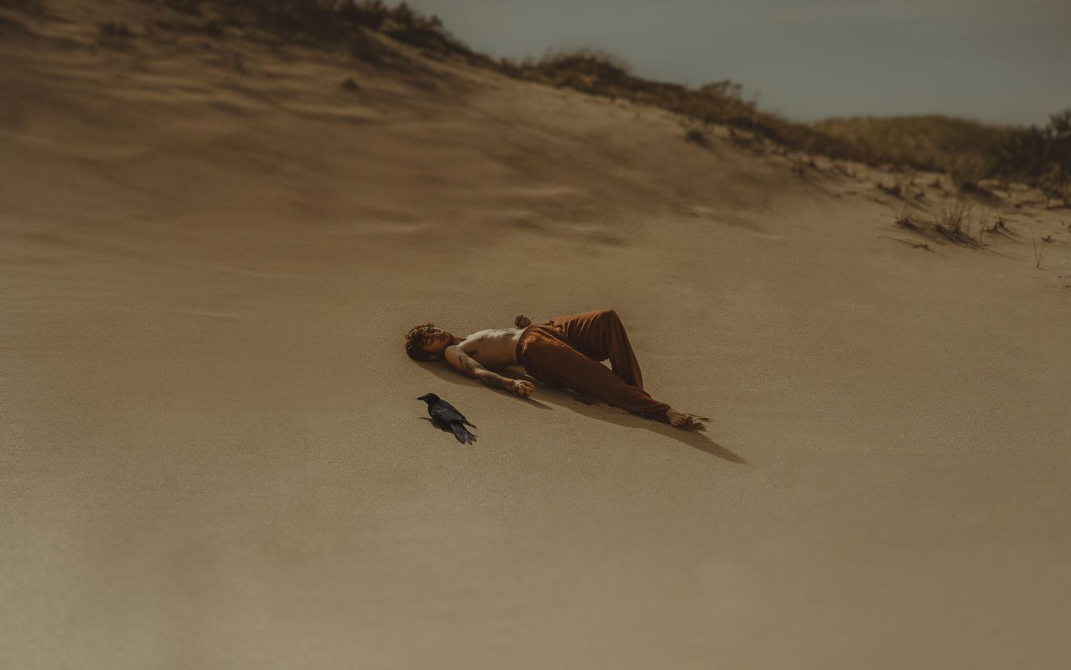 a boy laying down in the sand looking exhausted, with a black crow next to him,