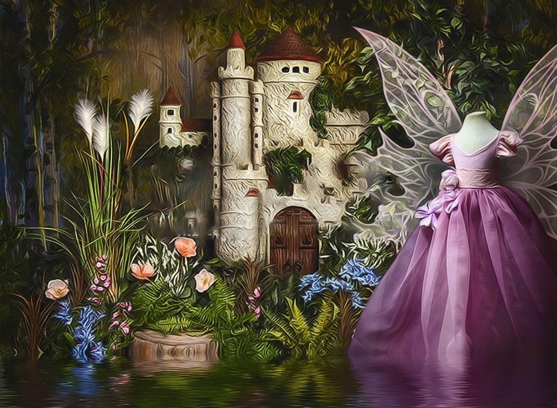 Whimsical fairy portrait showing child in purple gown with wings standing in enchanted castle garden photographed Austin fantasy photography