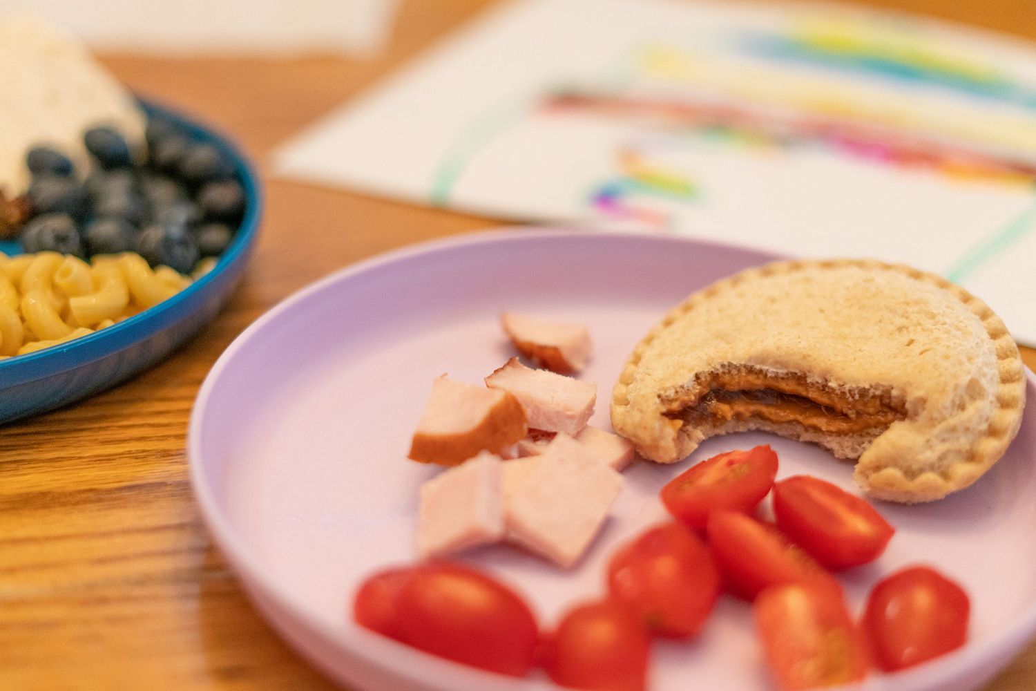 a close-up of a kid's plate of food, with sliced tomatoes, turkey, and a pb&j sandwich