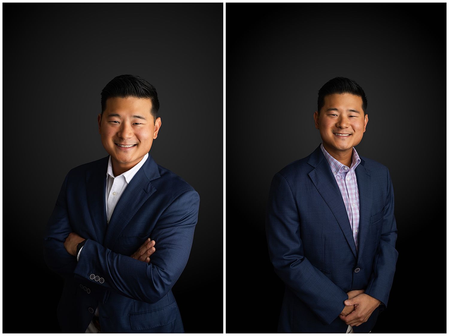 Professional studio portrait of a person in business attire against dark background.
