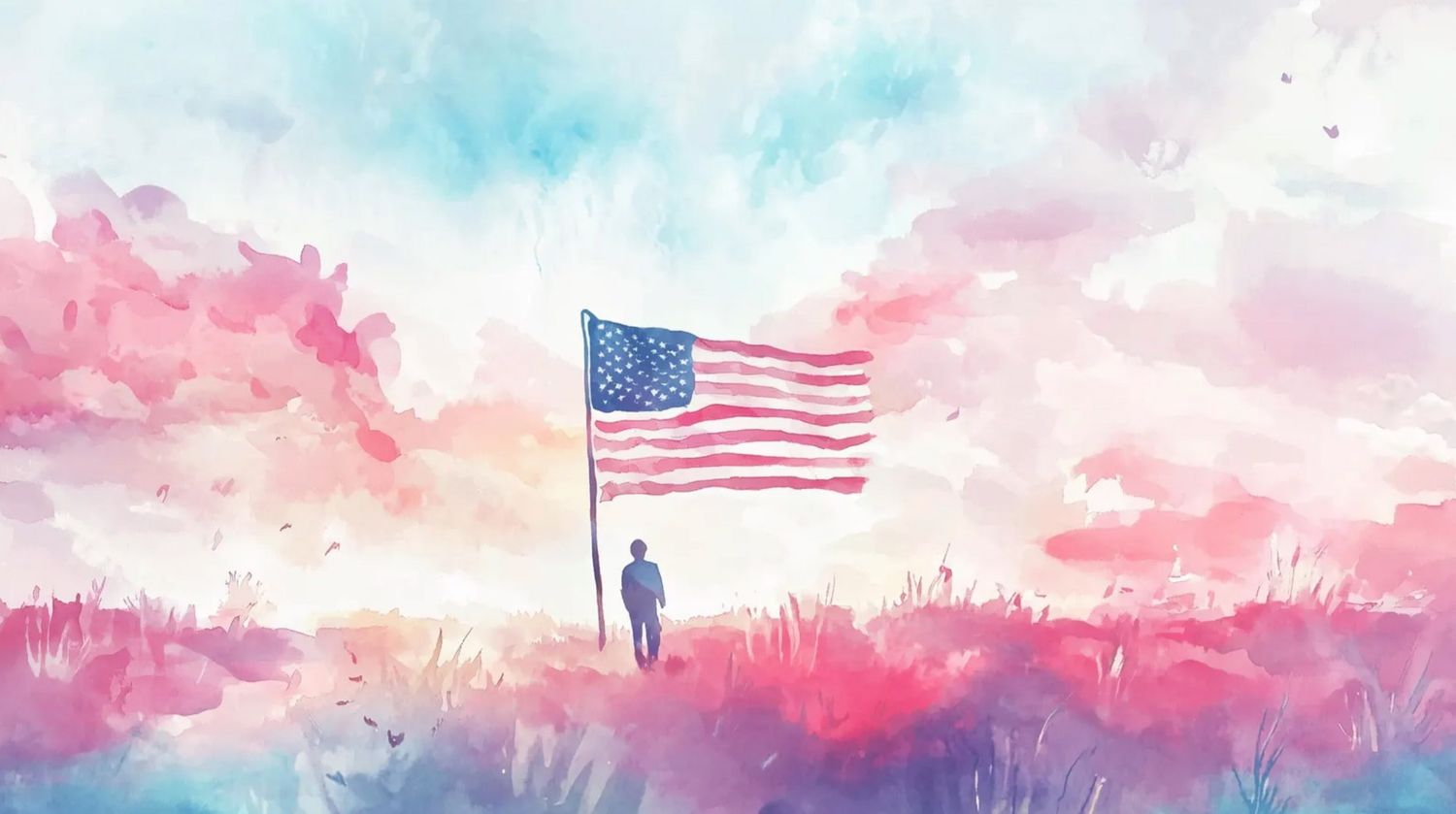 A silhouette figure stands beneath a waving American flag against a dreamy pink and blue watercolor sky.
