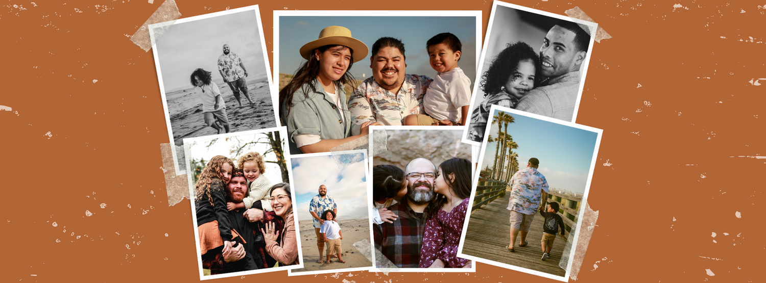 Collage strip of black and white family photos with distressed orange border.