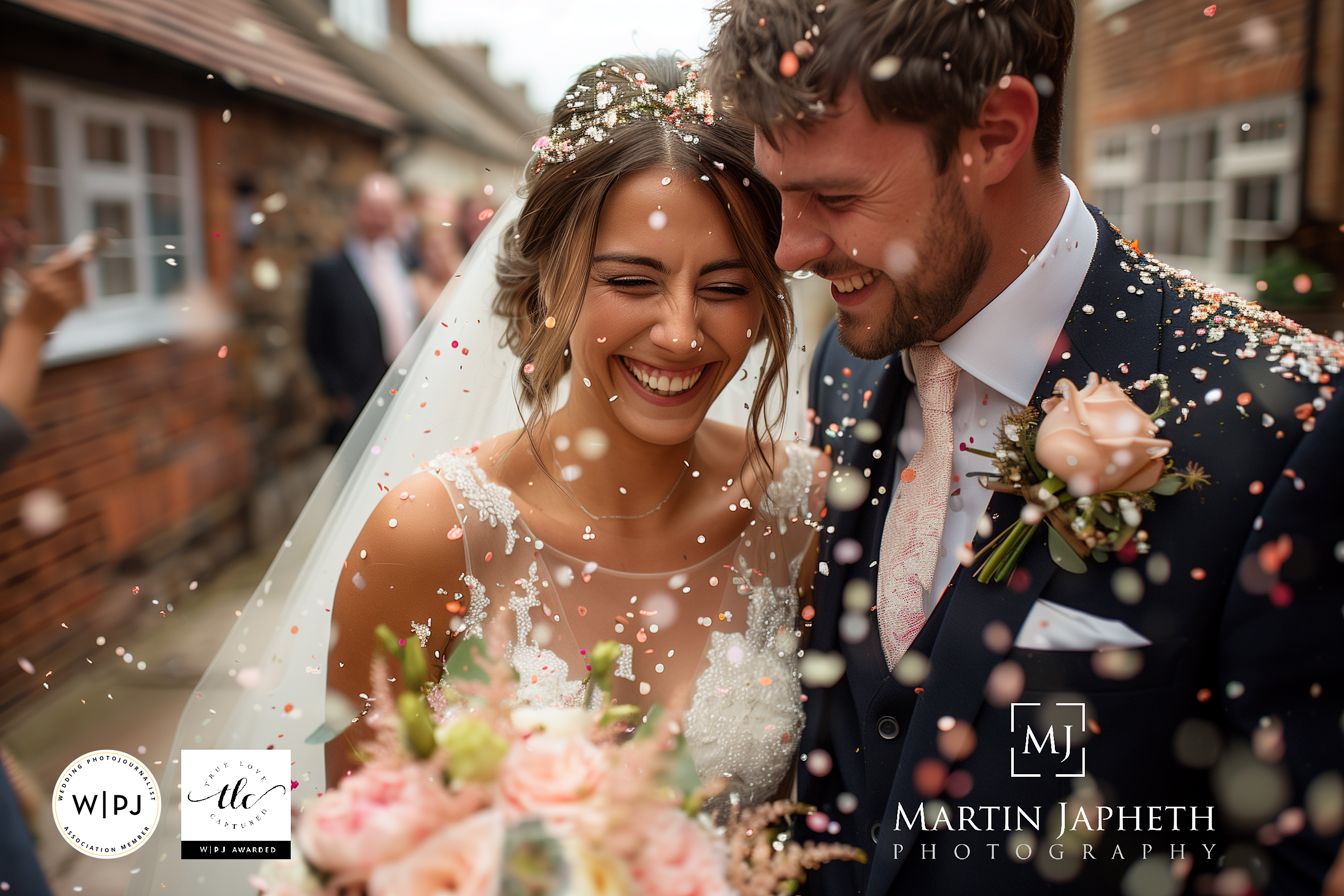 Joyful wedding moment captured with confetti and natural light outdoors.