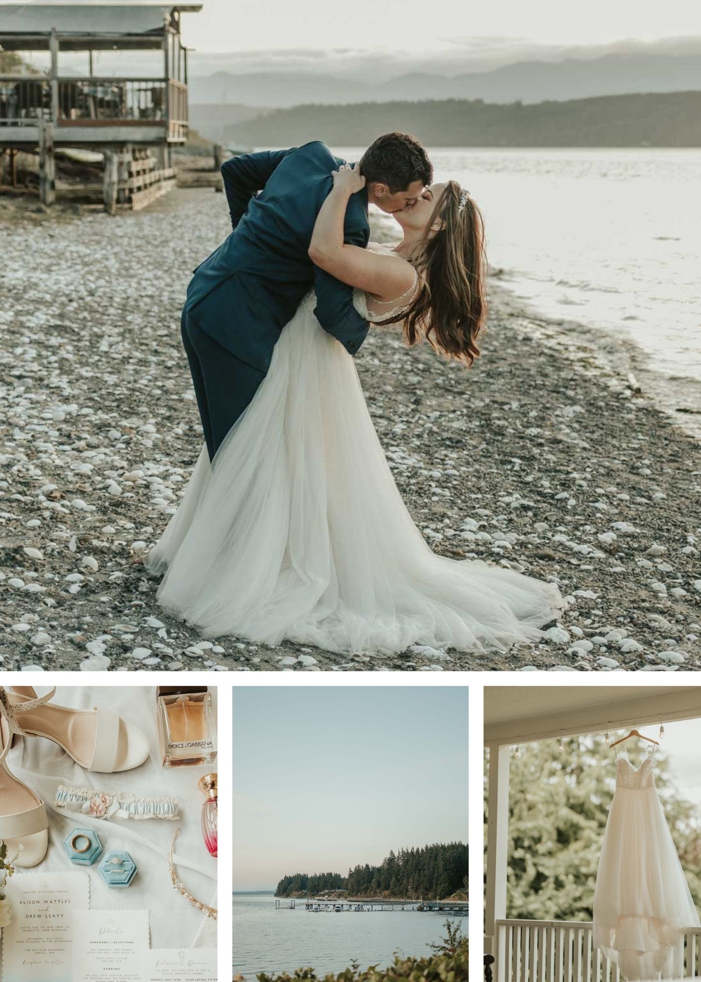 Poulsbo Washington Waterfront Wedding bride and groom dip