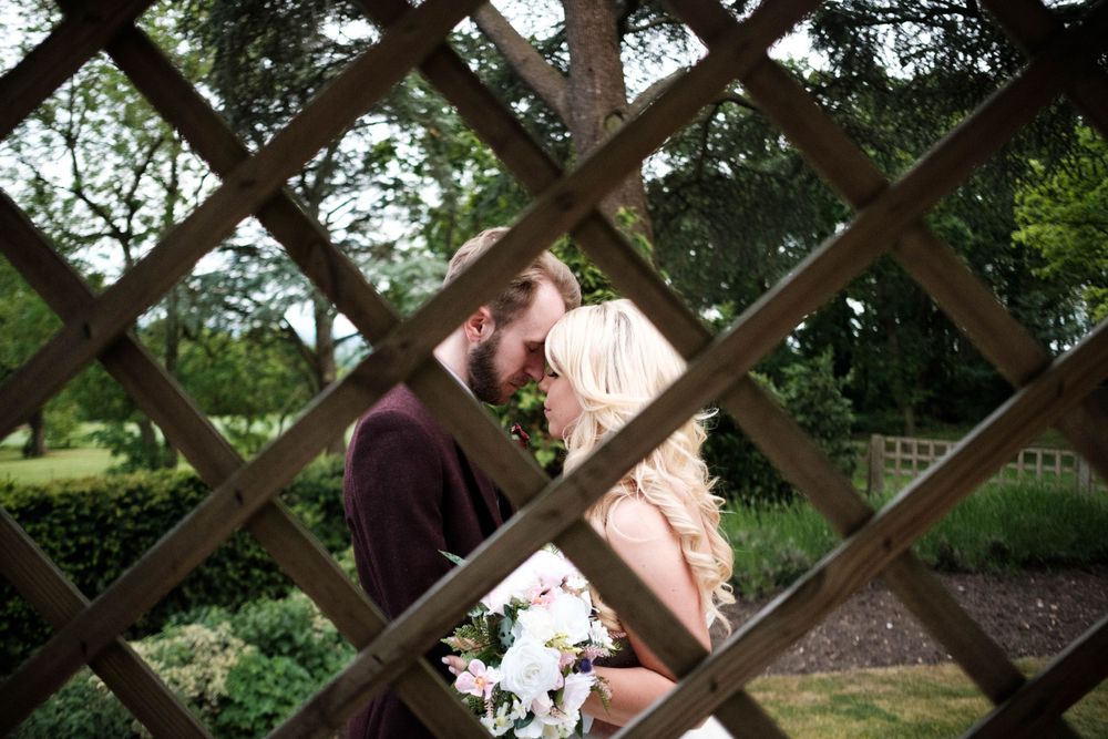 Romantic garden scene photographed through lattice pattern.