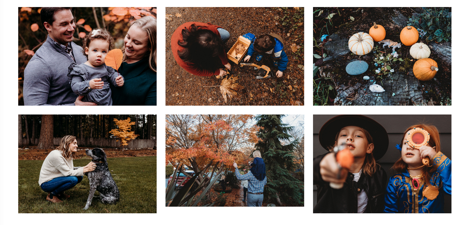A collage of six family photos showing outdoor autumn activities and candid moments together.