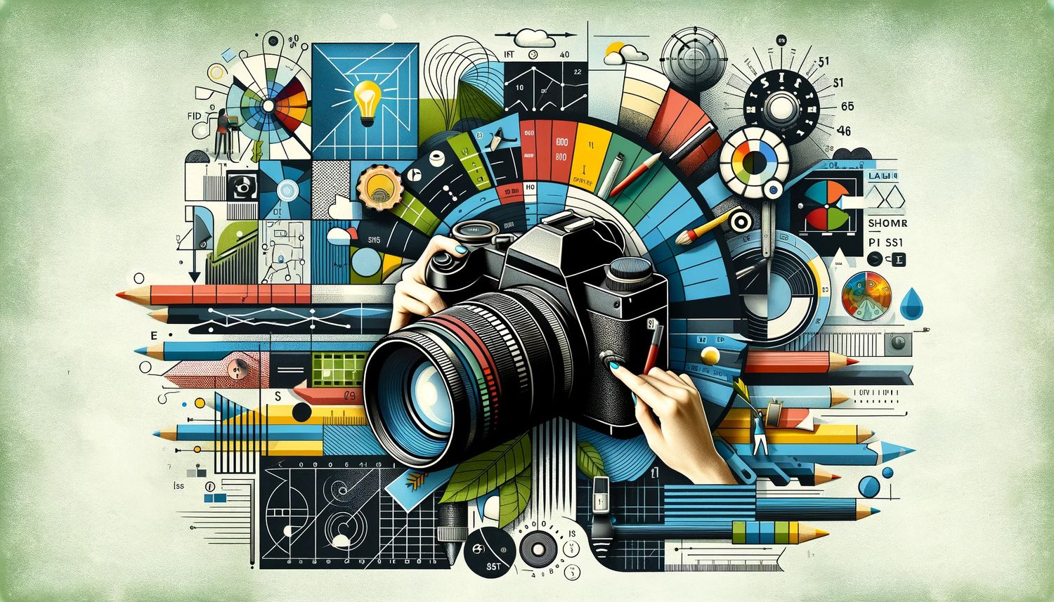 Creative illustration combining camera with colorful artistic elements in collage style.