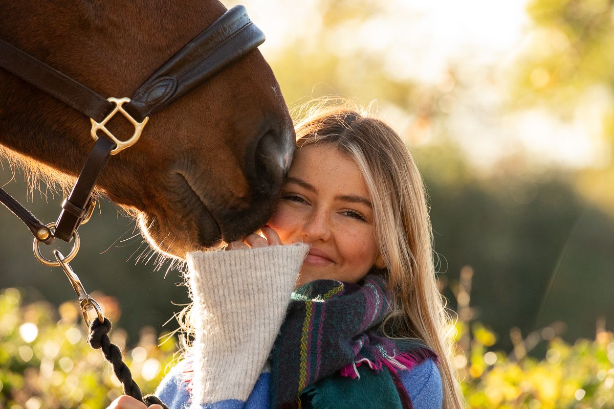 A brown horse nuzzles affectionately against someone wearing a winter scarf in golden sunlight.