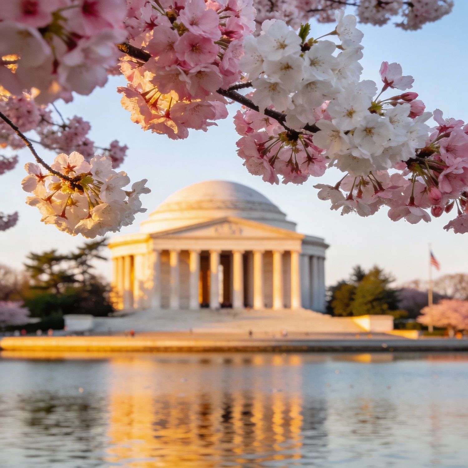 Flying Dress Photoshoot Cherry blossoms frame the Washington Monument reflecting in the Tidal Basin during peak bloom in Washington DC.