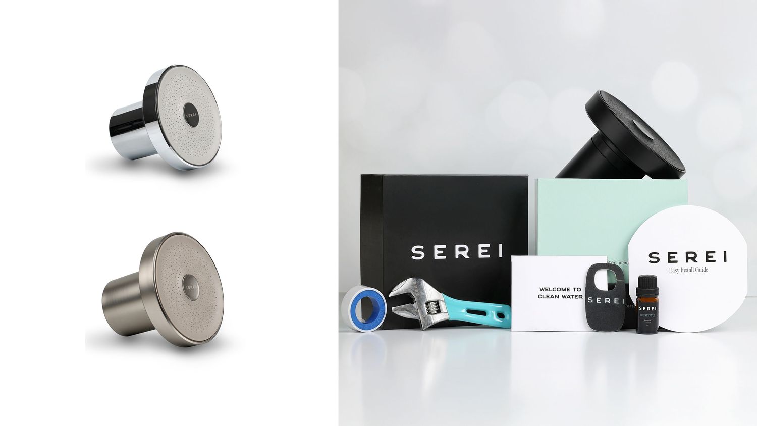 Modern minimalist product photography of showerheads arranged in a clean grid layout. Product photography by Boswell Photography.