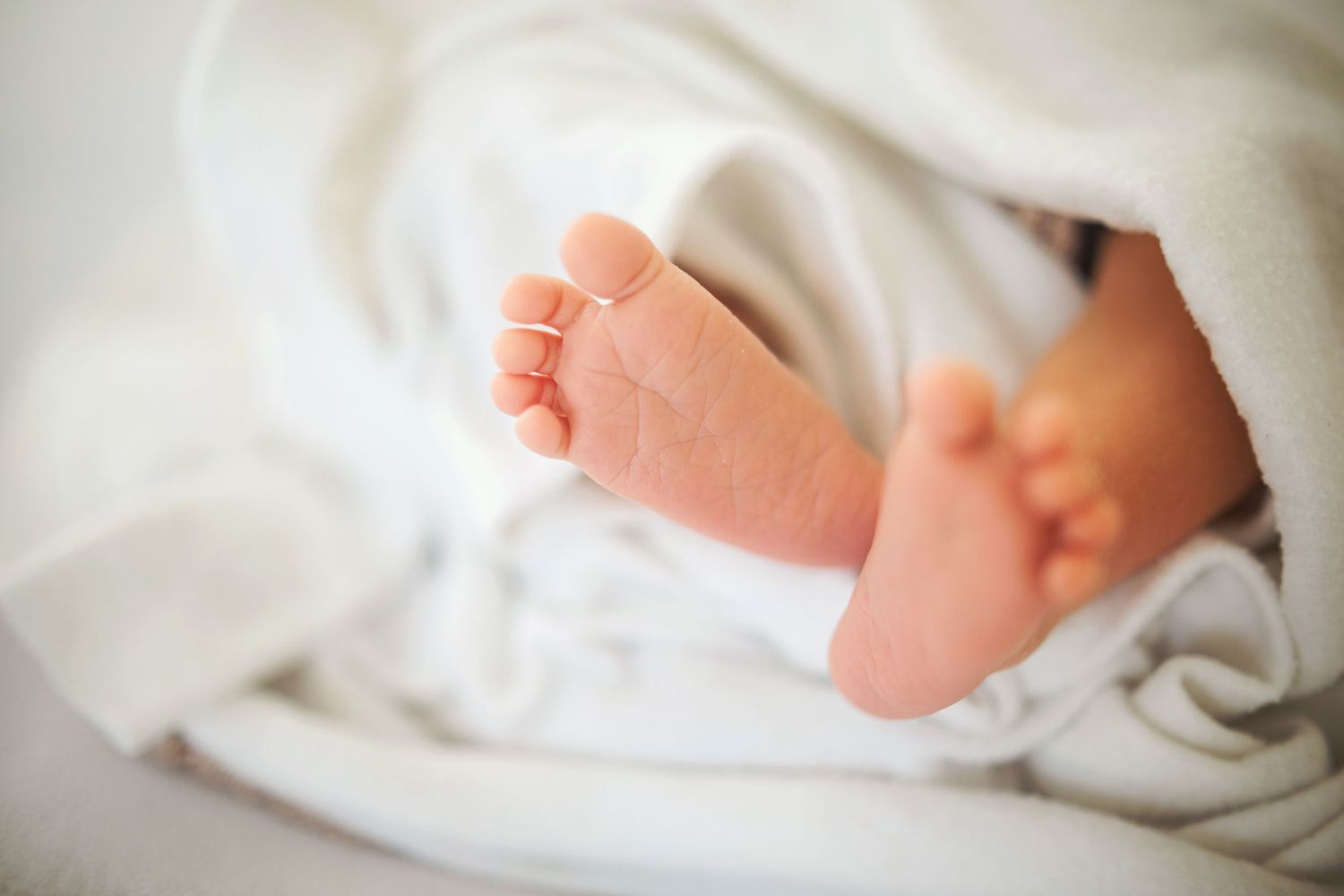 Close-up of tiny newborn baby feet wrapped in soft white blanket.