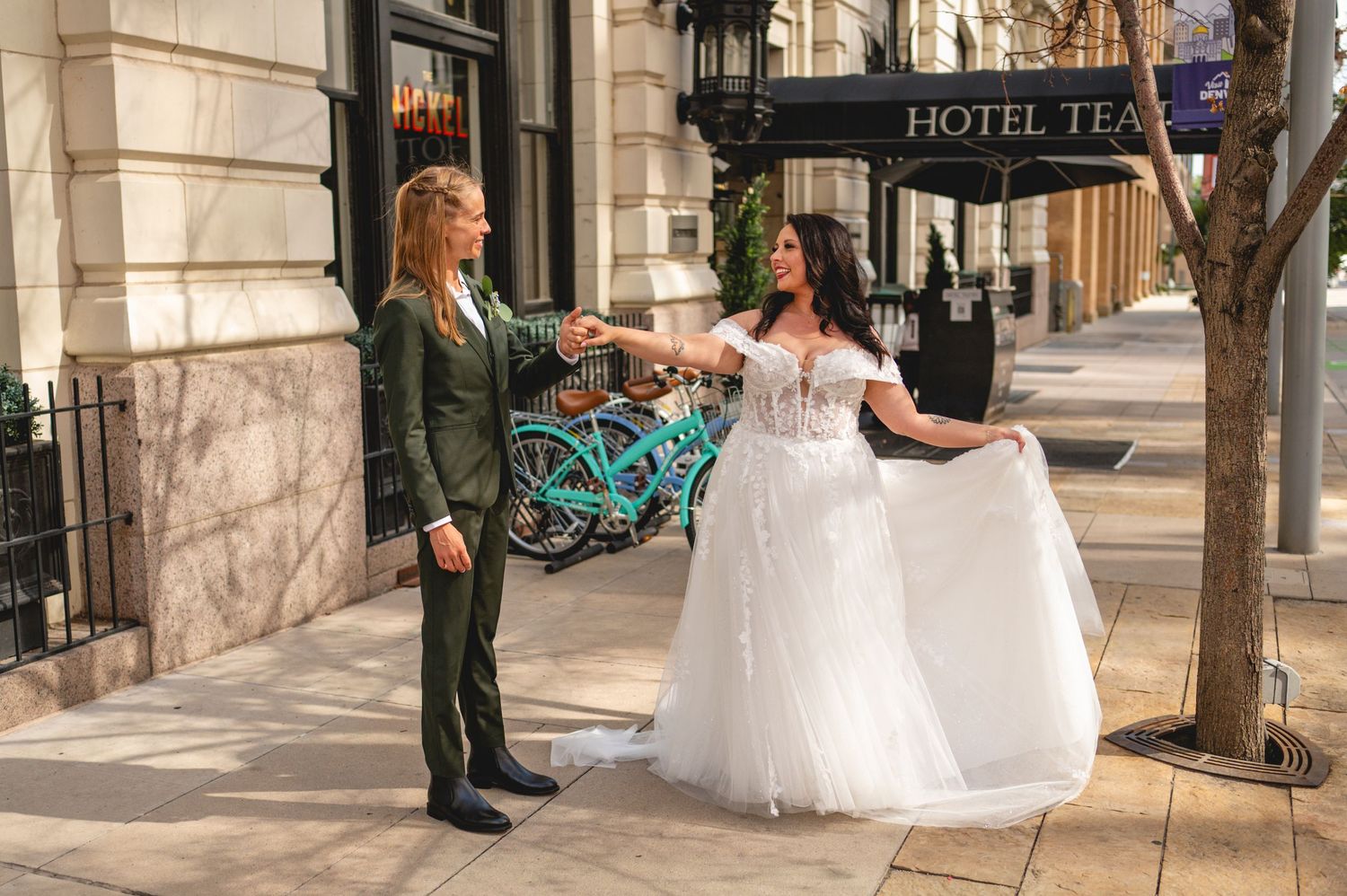 A sequence of wedding photos showing a couple in formal attire posing against stone buildings and columns outdoors.